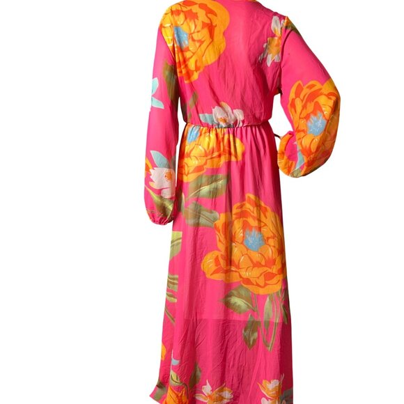 Womens Maxi Dress‎ XXL Bright Pink Floral Tropical Print Long-Sleeve Maxi - Picture 2 of 9